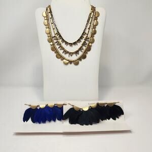 Stella and Dot Plume Gold Tone Black Blue Layered Statement Necklace Multi Wear